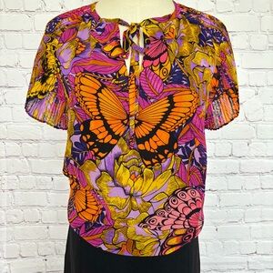 PHILOSOPHY Multi-Colored Short Bell Sleeve Butterfly Print Blouse--XS